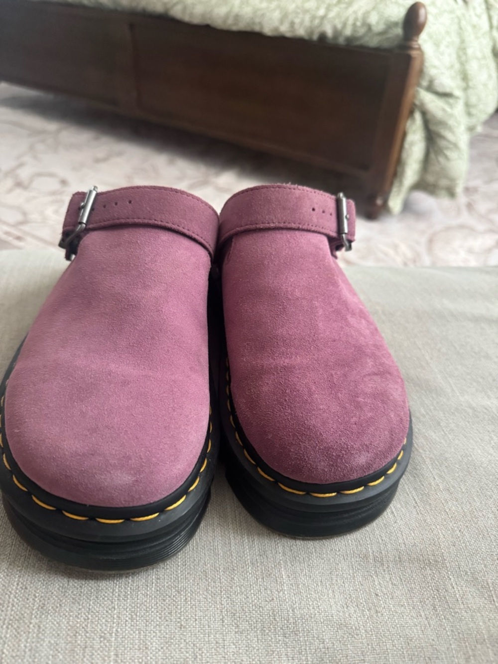Dr. Martens Women's Mauve Suede Buckle Clog Mules - Picture 3 of 6